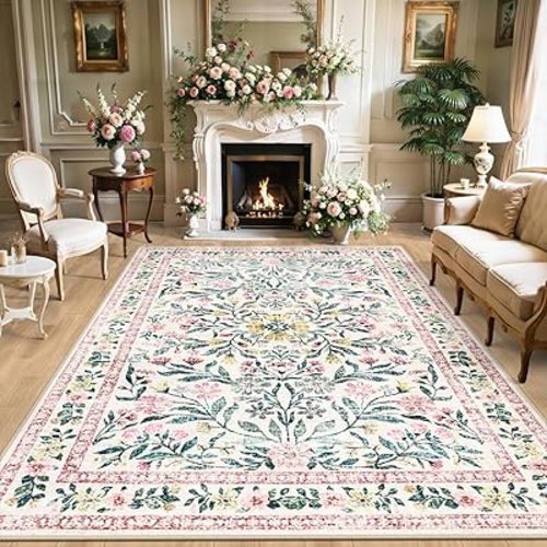 8x10 Area Rugs for Living Room: Floral Washable Rug Vintage Large Soft Boho Non-Slip Carpet Indoor Stain Resistant Low Pile Carpets for Bedroom Dining Room Farmhouse Nursery Home Office Pink Green