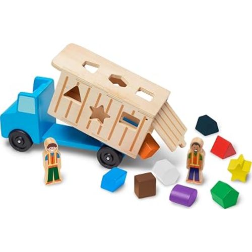 Melissa & Doug Shape-Sorting Dump Truck Wooden Toy with 9 Blocks and 2 Toy Figures - Montessori Toys and Toddler Toys for Preschool Learning Activities