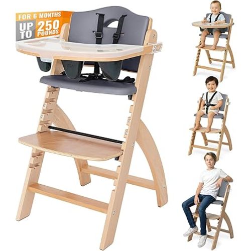 Abiie Beyond Junior Wooden High Chair for Babies and Toddlers - Convertible 3-in-1 Baby Highchair with Removable Tray - 6 Months to 250 Lb - Water Resistant - Natural Wood with Dark Grey Cushion