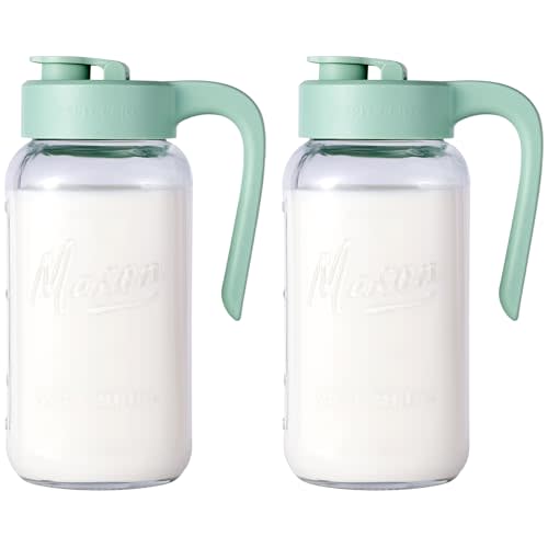 Spreccio Mason Jar Pitcher - Airtight & Leakproof Glass Pitcher with Lid[set of 2], Perfect for Breastmilk, Cold Brew, and Sun Tea, 2 Quart (64 oz) Mason Jar with Pour Spout Lid