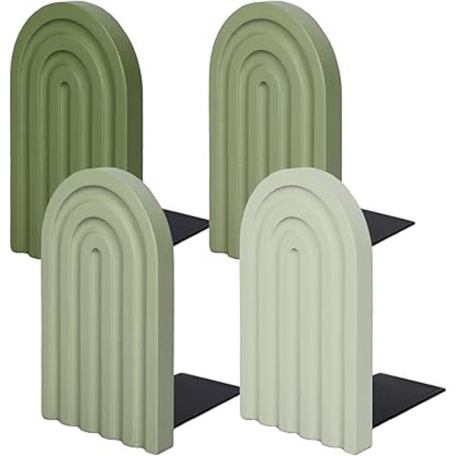 Whaline 4Pcs Boho Arch Wood Bookends Sage Green Rainbow Wooden Book Stands Decorative Non Skid Book Stoppers Study Cute Bookend for Back to School Heavy Books Home Office Library Kitchen (4 Colors)