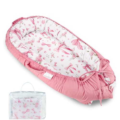 Jundetye Baby Lounger Pillow with Cover, Soft & Comfortable Infant Lounger for Newborn, Skin Friendly 100% Cotton Pink Pillowcase, Portable Nest for Home and Travel, Babies Essentials Gifts