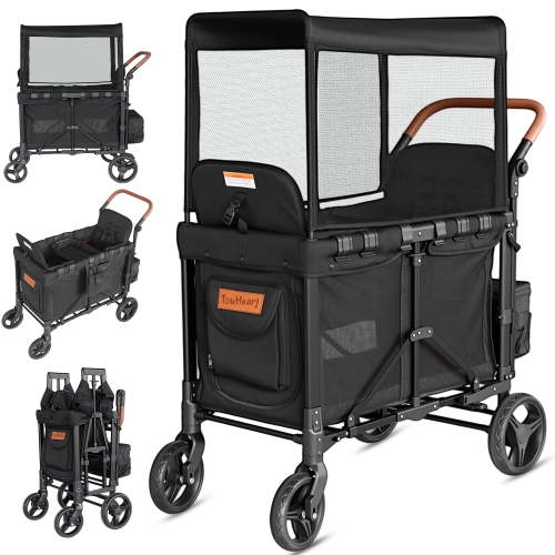 TouHeart Wagon Stroller for 2 Kids with Canopy, Removable Seats, 5-Point Harness, Black