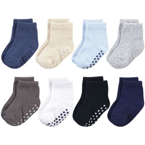 Touched by Nature Baby and Toddler Boy Organic Cotton Socks with Non-Skid Gripper for Fall Resistance, Solid Black Blue, 2-4 Toddler