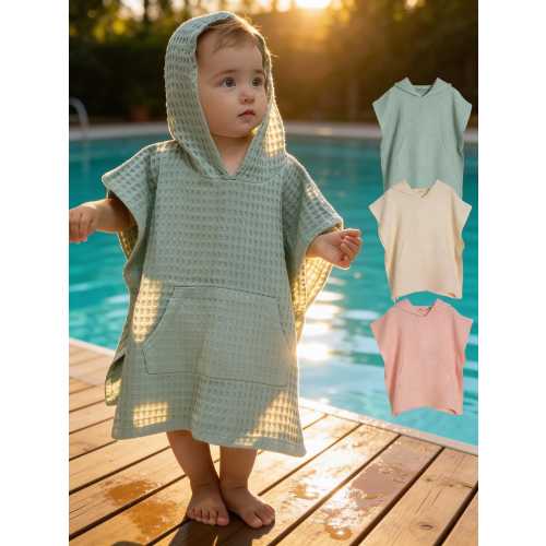 Organic Cotton Waffle Kids Poncho Hooded Towel: Pool, Beach, Bathroom in 3 colors