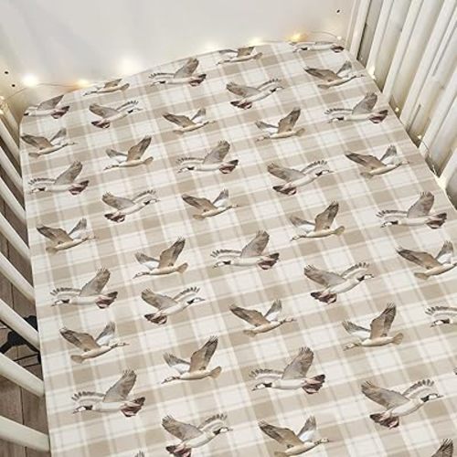 Vintage Geese Hunting Baby Crib Sheets for Boy Girl 52"x28" Flying Geese Plaids Soft Stretchy Fitted Crib Mattress Covers Wild Birds Animal Baby Sheet for Standard Crib and Toddler Bed Mattress