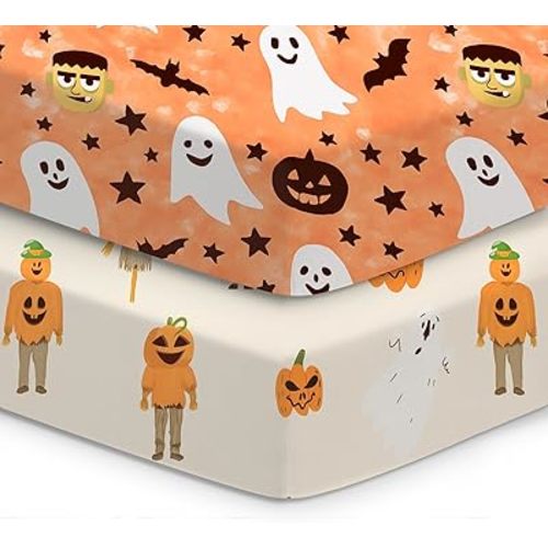 Halloween Baby Crib Sheets, Fitted Crib Sheet for Standard Crib and Toddler Mattress, Frankenstein, Pumpkin, Ghost