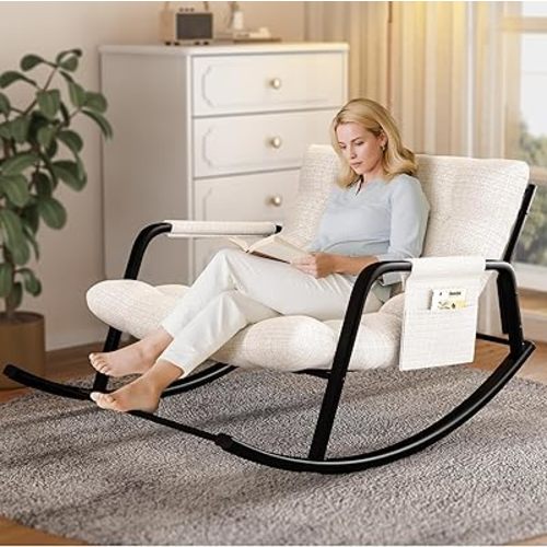 Indoor Outdoor Patio Rocking Chairs, Papasan Rocking Chairs, Double Papasan Chair with Cushion, Oversized Modern Rocker Chairs for Living Room, Bedroom, Porch, Garden Beige