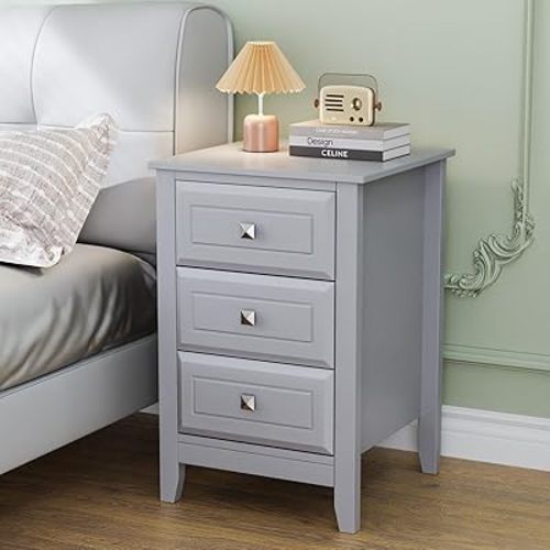 Bonnlo Gray Nightstand with 3 Drawers, Modern Night Stand for Bedroom with Metal Knobs, Wooden Bedside Table, Grey Side Table/Night Stand for Small Spaces, College Dorm, Kids' Room, Living Room