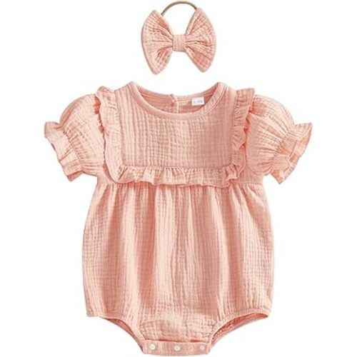 Kupretty Newborn Baby Girl Summer Clothes Vintage Muslin Linen Ruffle Romper Short Sleeve Bodysuit Jumpsuit with Headband
