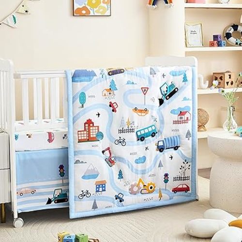3-Piece Crib Bedding Set for Boys Girls - Soft & Skin Friendly Baby Bedding Set Includes Crib Comforter, Sheet & Crib Skirt (Light Blue)