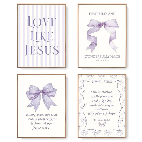Amazon.com: LARTSFRO Coquette Purple Bow Jesus Wall Art Decor Posters, Purple Bow Christian Room Bedroom Bathroom Dorm Wall Art Decor Aesthetic for Teen Girls Gifts, Inspirational Bible Verses Bow Wall Decor, 12x16 Inch Set of 4 Bow Pictures (UNFRAMED): P
