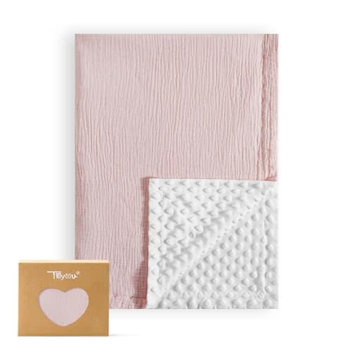 TILLYOU Pink Blanket Baby Cotton Swaddles for Newborns, Double Layer Soft Plush Minky Blanket with Dotted Backing 30"x40", Pink