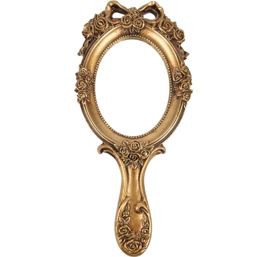 Nerien Vintage Handheld Mirror, Vanity Makeup Mirror with Handle, Antique Embossed Rose Princess Hand Mirror for Women, Portable Travel Packet Compact Mirrors, Decorative Cosmetic Handle Mirrors, Gold