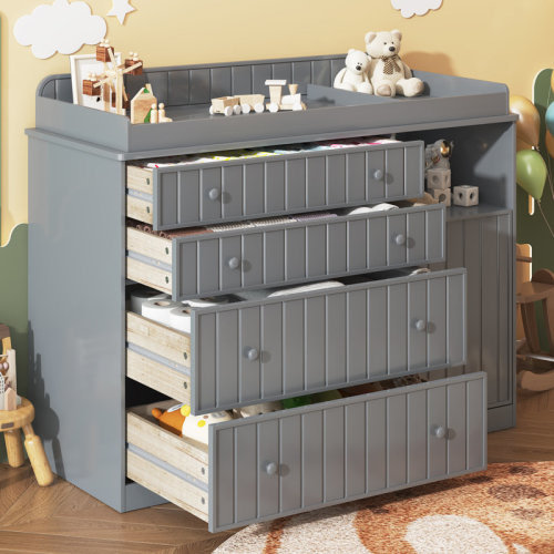 Ebern Designs 37.4” H Ergonomic Changing Table Dresser with 4 Drawers, Storage Cabinet and Open Shelf, Anti-Tip Safety Design & Curved Wrapped Nursery Dresser | Wayfair