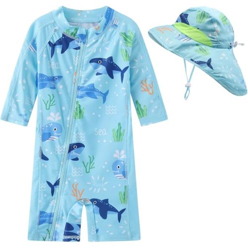 Toddler Baby Boys Swimsuit Rashguard One Piece Zipper Bathing Suit with Sun Hat Infant Swimwear Sunsuit UPF 50+