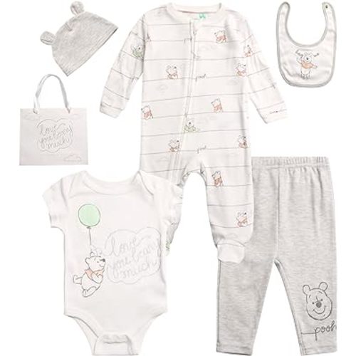 Disney Newborn Baby Boys Girls 7 Piece Layette Christmas Holiday Gift Set: Mickey Mouse, Winnie the Pooh & Minnie Mouse, 0-6M