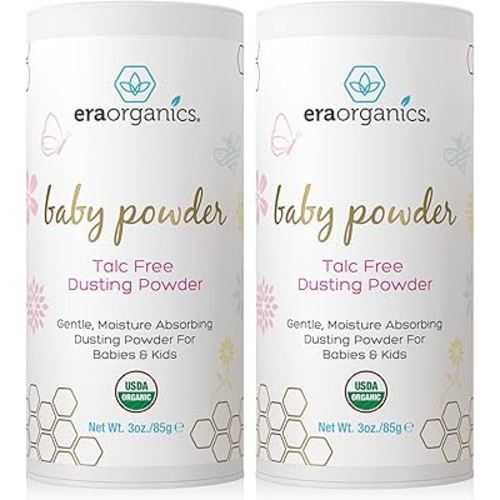 Era Organics Talc-Free Organic Baby Powder - USDA Organic Dusting Powder with Arrowroot, Calendula and Cornstarch for Newborns, Babies or Toddlers - Soothing, Fragrance Free (3 Ounce (Pack of 2))
