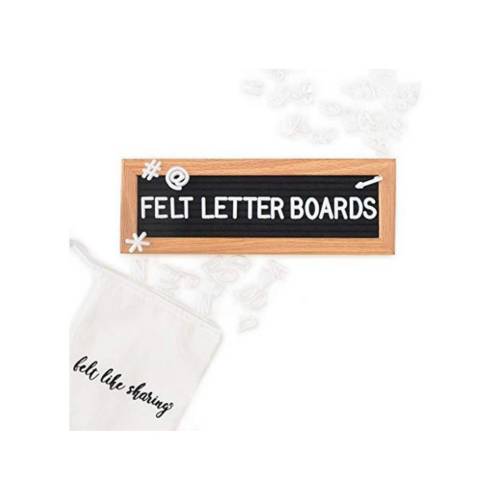 Black Handmade Felt Letter Board Set with Wood Oak Frame 10x3.5 inch - Comes with 150 3/4 Inch White Letters and Canvas Bag