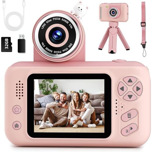 Kids Camera Toys for Girls 3-12 Year Old, Pink | Children Travel Camera HD Digital Video Camcorder, With Tripod, 32GB SD Card Included, Toddler Festival Birthday Gifts