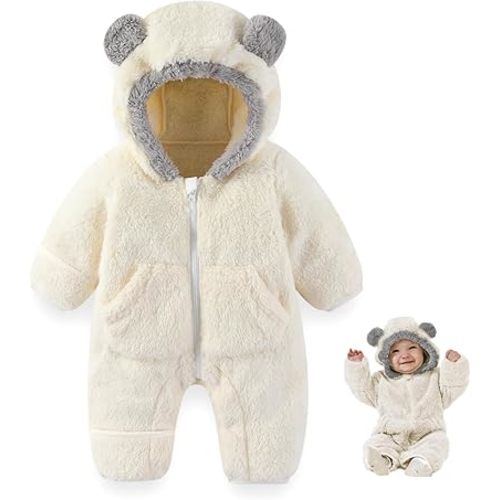 AiWMGL Newborn Baby Bear Outfit Suit With Fold-Over Mittens Footies Girls Boys Winter Fleece Clothes Hooded Romper Snowsuit