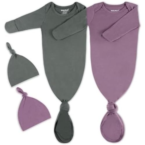 2Pack Knotted Gown Baby, Super Soft Long Sleeve Newborn Hospital Outfit Boy Girl Coming Home, Built-In Mittens Clothes