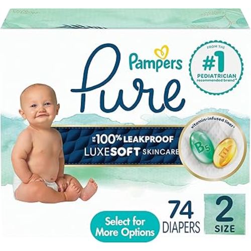 Pampers Pure Baby Diapers, Size 2, Up to 100% Leakproof, Premium Hypoallergenic Soft Diapers, 1 Pack (Count of 74)