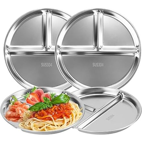 Portion Control Plates Set of 4 Stainless Steel Divided Plates 9" Reusable Dinner Plates (4)