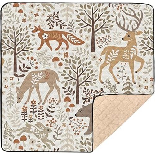Baby Play Mat Woodland Fox Deer Trees Leaves 50 x 50 Playpen Mat Baby Play Mats for Floor Play Gym Crawling Mat Non-Slip Cushioned Baby Playmat for Infants, Babies, Toddlers