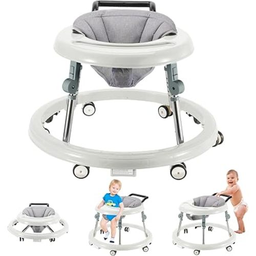 Baby Walker Foldable with 6 Adjustable Heights, Baby Walker with Wheels Portable, Infant Toddler Walker for Baby Boy Girls 6-18 Months (White)
