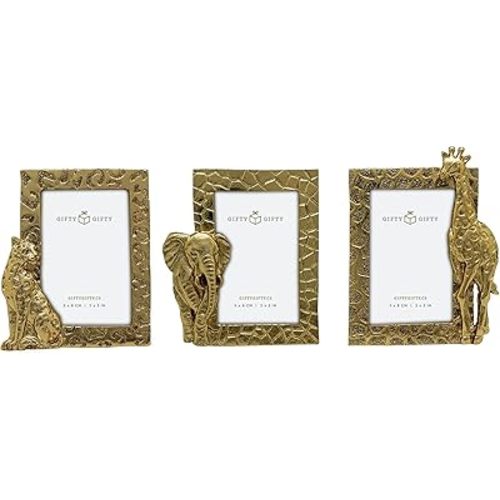 Safari Animals Mini Frame Set/Set of 3 / 2x3 In | For Tabletop Display | Perfect for Home Decor, Wedding, Graduation, Or Milestone Photos (Gold)