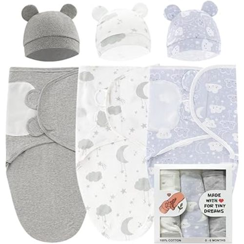 Baby Swaddle 3-Pack – Ultra Soft & Breathable 100% Cotton Newborn Swaddle Blanket, 0–6 Months Baby Sleep Sack, Ergonomic Stretch Fabric for Better Sleep