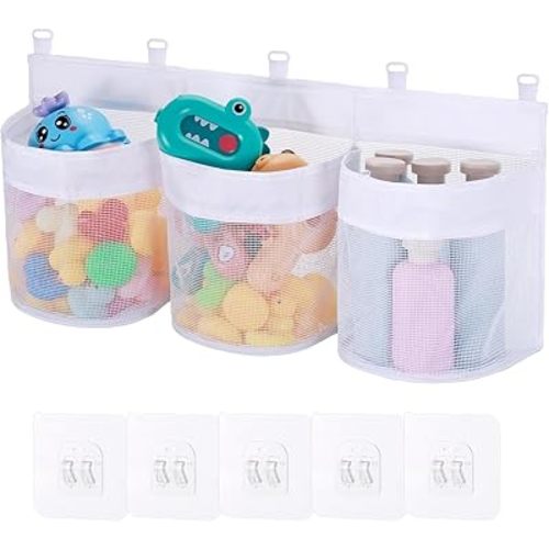 Bath Toy Storage Organizer, 3 Compartment Bath Toy Holder Bags for Tubs, Large Capacity & Quick-Drying Mesh - 5 Strong Adhesive Hooks for Easy Access for Sorting and Storing Toys in Baths