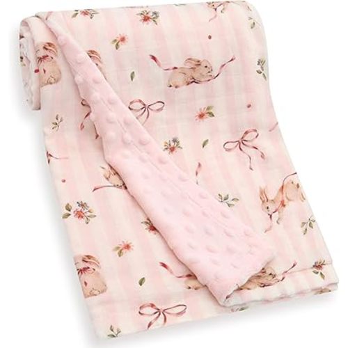LifeTree Baby Blankets for Boys Girls, Soft Double Layer Swaddle Blankets, Muslin Front and Dotted Fleece Backing Receiving Bed Throw Blanket for Newborn Unisex, 31X40 Inches, Bow Rabbit