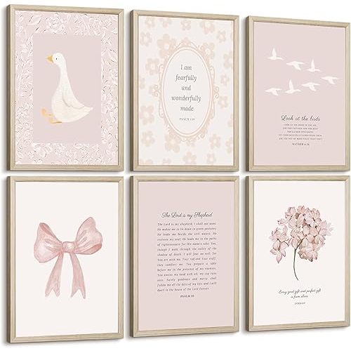 Nursery Christian Wall Art Bible Verse Prints Pink Girl Nursery Room Canvas Wall Decor Coquette Bow Poster Jesus Boho Scripture Pictures Vintage Floral Artwork for Bedroom 8x10x6 Inch Framed