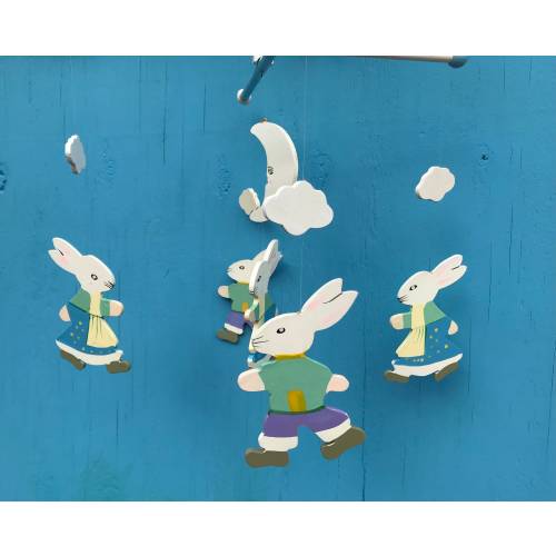 Vintage 1980s Bunny Mobile, Pastel Painted Wood Easter Decor