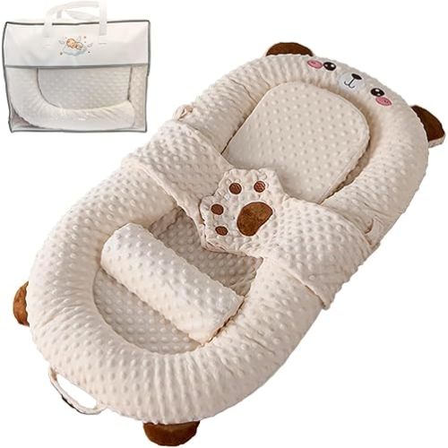 Portable Baby Lounger,Infant Lounge Anti spit Wedge Pillow,Soft and Comfortable Removable Cover, Newborn Babies Essentials Foldable Infant Lounge (Brown Bear)