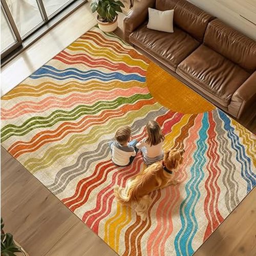 Washable 8x10 Sun Area Rug for Living Room, Rainbow Sun Modern Retro Large Area Rugs, Ultra Thin Low Pile Lightweight Soft Indoor Floor Carpet with Non-Slip Backing for Bedroom Kids Nursery Play Room