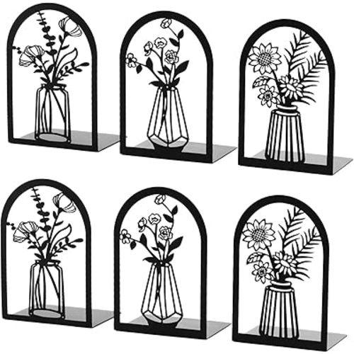 3 Pair Metal Bookends,Decorative Book Ends for Shelves,Non-Slip Book Stopper for Heavy Books,Flower Shelf Holder for Home School Office