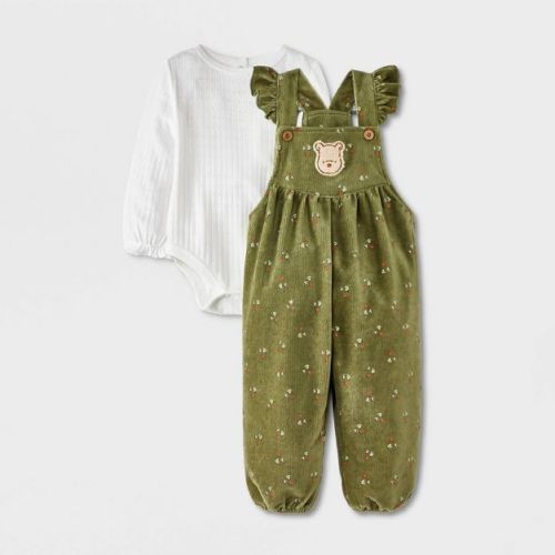 Baby Girls' 2pc Disney Winnie The Pooh Long Sleeve Bodysuit and Overalls Set - Olive Green Newborn