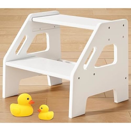 White Wood Toddler Step Stool for Bathroom Sink, 2 Step Kids Stool for Toilet Potty Training, Baby Child Stepping Stool with Handles for Toddlers Nursery Kitchen Counter (White)