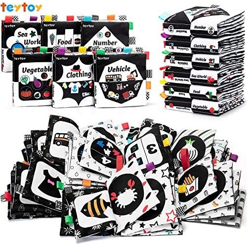 teytoy Baby Soft Cloth Book Set 6 PCS, Black and White High Contrast Baby Activity Crinkle Books for 0 3 6 9 12 Months Newborn Infants Babies Boys and Girls Early Educational Learning Toys