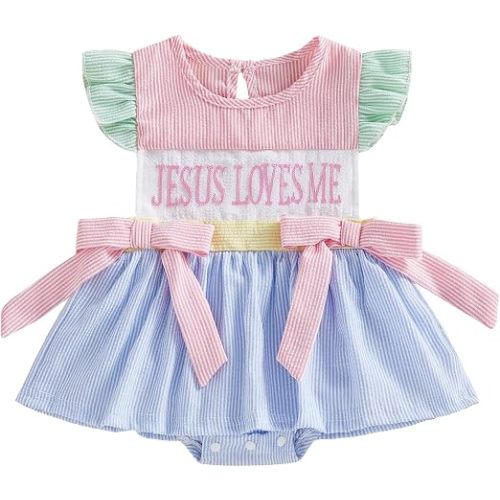 Baby Girl Christian Romper Dress Jesus Love Me Embroidery Striped Jumpsuit