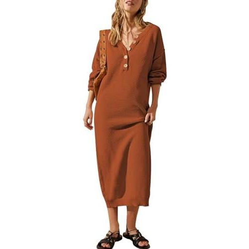 Cutiefox Women's Fall Winter Sweater Long Dress Button V Neck Batwing Long Sleeve Oversized Waffle Knit Dresses