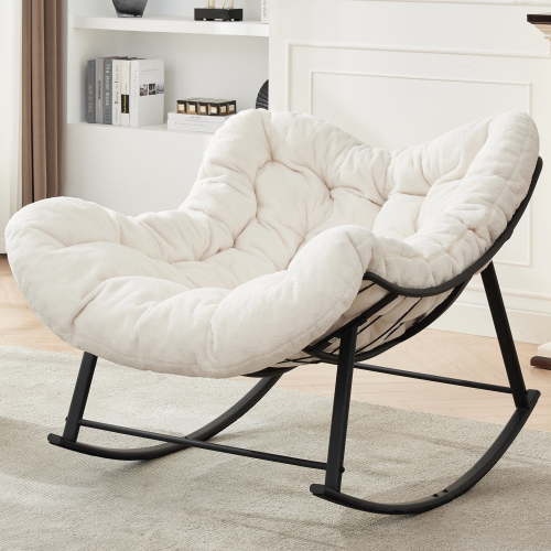 Oversized Rocking Chair Indoor, Papasan Rocking Chair Outdoor, Lounge Chair with Cushion, Patio Egg Rocker Chairs, Comfy Reading Chairs for Bedroom, Living Room, Garden, Lawn, White