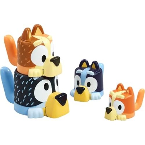 TOMY Toomies Bluey Bath Toys - Bluey's Family Pourers - Includes Chilli, Bandit, Bingo and Bluey Figures - Nesting and Stacking Cups for Bath, Beach or Pool - 4 Count - Ages 18 Months and Up