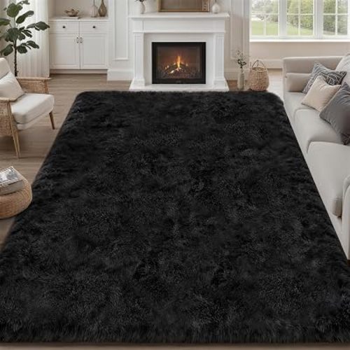 9x12 Area Rug Living Room Bedroom: Fluffy Plush Shag Carpet Black
