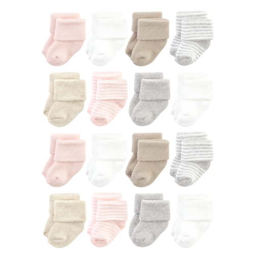 Hudson Baby Cotton Rich Baby Terry Socks 16-Pack, Pink Gray Stripe, 6-12 Months