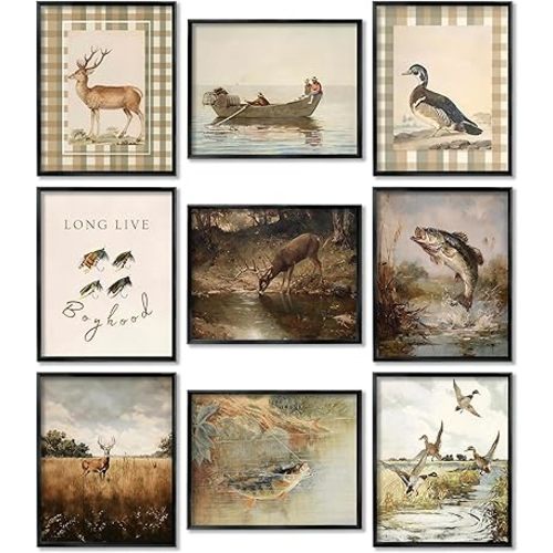 Vintage Nursery Wall Art Set of 9, Baby Boy Hunting Prints 8x10 Unframed