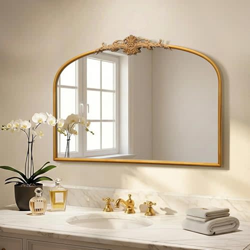 Besdomus Antique Arched Gold Mirror: 32"x24" French Large Gleaming Gold Antique Wall Mounted Mirror - Baroque Traditional Ornate for Fireplace/Bathroom/Bedroom - Wall Decor for Homemakers